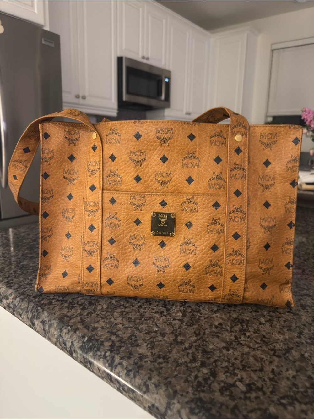 MCM Cognac Visetos Logo Shopper Tote